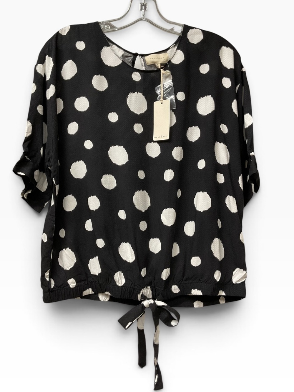 Brand New-Melloday Black and White Polka Dot Tie-Hem Blouse